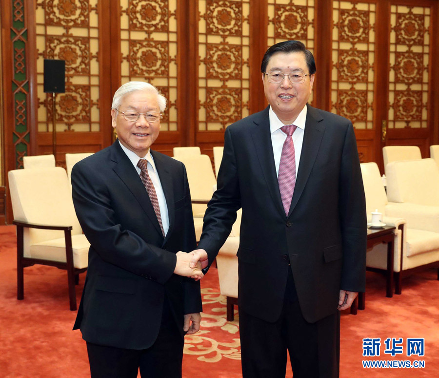 1月13日，中共中央政治局常委、全國(guó)人大常委會(huì)委員長(zhǎng)張德江在北京人民大會(huì)堂會(huì)見越共中央總書記阮富仲。 新華社記者 劉衛(wèi)兵 攝