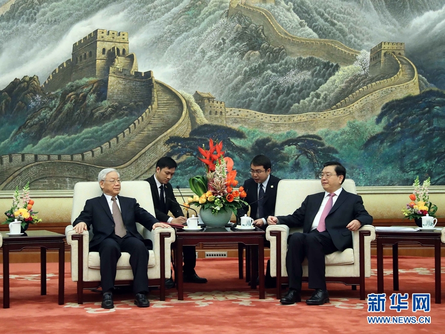 1月13日，中共中央政治局常委、全國(guó)人大常委會(huì)委員長(zhǎng)張德江在北京人民大會(huì)堂會(huì)見越共中央總書記阮富仲。 新華社記者 劉衛(wèi)兵 攝