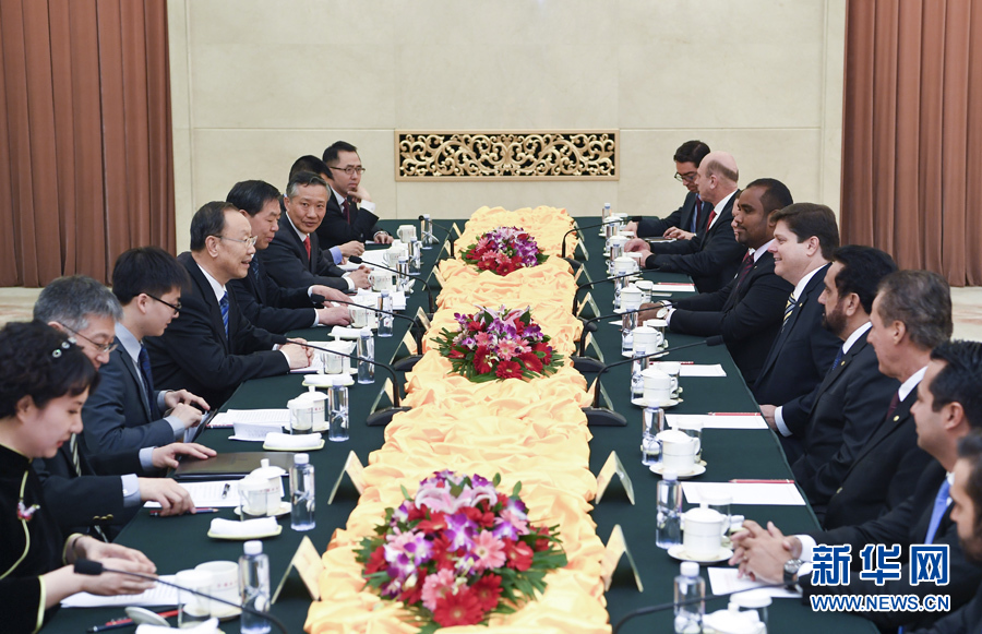 3月22日，中共中央書記處書記、全國政協(xié)副主席杜青林在北京會見巴西民主運動黨眾議院黨團領(lǐng)袖羅西率領(lǐng)的該黨干部考察團。 新華社記者張領(lǐng)攝