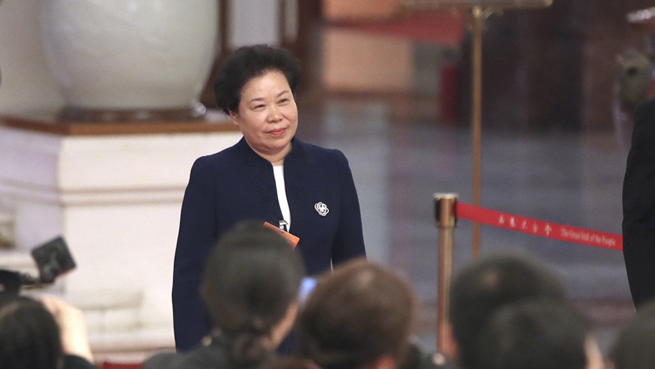 劉雅鳴步入“部長(zhǎng)通道”，準(zhǔn)備接受采訪