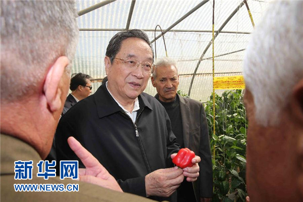 11月8日，正在約旦進(jìn)行正式友好訪問(wèn)的全國(guó)政協(xié)主席俞正聲在約旦河谷參觀碩果農(nóng)業(yè)合作社。 新華社記者 劉衛(wèi)兵 攝 