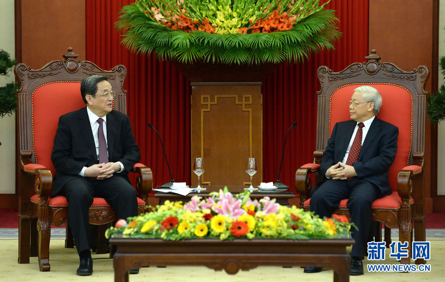 12月25日至27日，中共中央政治局常委、全國(guó)政協(xié)主席俞正聲對(duì)越南進(jìn)行正式訪問(wèn)。這是12月26日，俞正聲在河內(nèi)會(huì)見(jiàn)越共中央總書(shū)記阮富仲。 新華社記者馬占成攝