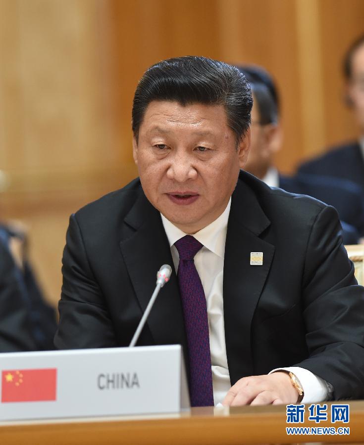 7月9日，金磚國家領導人第七次會晤在俄羅斯烏法舉行。中國國家主席習近平、俄羅斯總統(tǒng)普京、巴西總統(tǒng)羅塞夫、印度總理莫迪、南非總統(tǒng)祖馬出席。這是習近平發(fā)表題為《共建伙伴關系　共創(chuàng)美好未來》的主旨講話。新華社記者 饒愛民 攝 