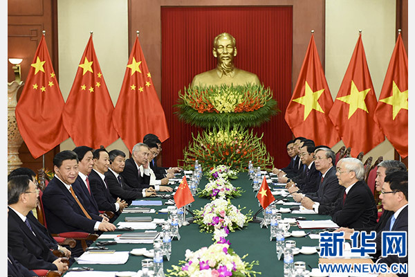 11月5日，中共中央總書記、國家主席習近平在河內同越共中央總書記阮富仲舉行會談。 新華社記者李學仁攝